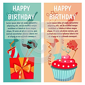 Birthday party. Banners for birthday party, cafe, restraurant. Vector flat design.