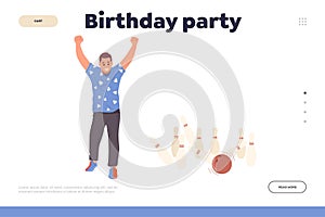 Birthday party at bowling club game zone organization landing page design website template