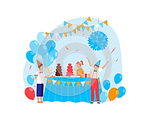 Birthday party for boy character, cartoon celebration with cake, vector illustration. Fun child in cute holiday hat