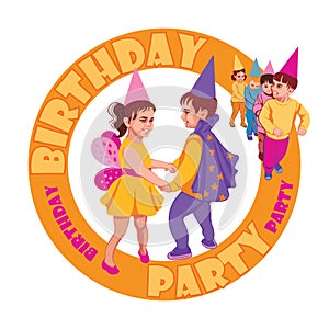 Boy and girl dancing in carnival costumes, children birthday, party, carnival, holiday
