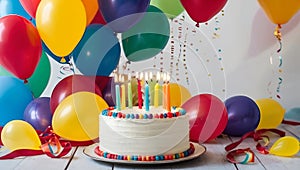 Birthday party cake or anniversary party cake with balloons and cake with rainbow colors