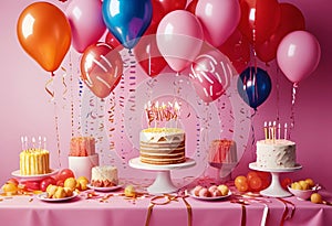 birthday party with cake, candles and balloons on pink background