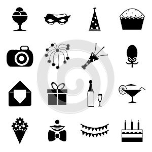 Birthday Party Celebrate Isolated Silhouette Icons and Symbols Set Vector Illustration