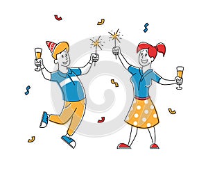 Birthday Party Celebration. Cheerful People in Festive Hats with Wine Glasses in Hands Celebrating Holiday