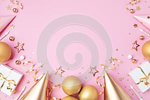 Birthday party celebration with golden decoration top view. Festive holiday pink background