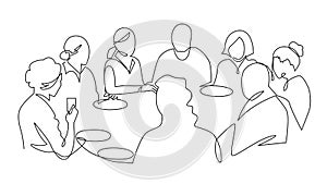 Birthday party continuous one line vector drawing. B-day celebration. Hand drawn family dinner, holiday, festival. Woman