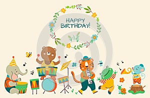 Birthday party cute jungle animal banner. Music celebration animals, holiday background. Bear tiger elephant play