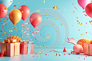 Birthday party with a 3D birthday gift box, balloons, 3d festive celebration party theme background, generated ai
