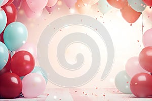 Birthday party decoration with balloons, steamers and confetti, background for invitation