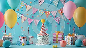 Birthday party decorations include balloons, streamers, hats, and gift boxes on minimalist blue background