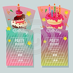 Birthday party discount banner with tower cake