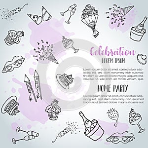 Birthday party doodle background card. Vector template banners for poster, invitation, flyer, party, wedding, brochure