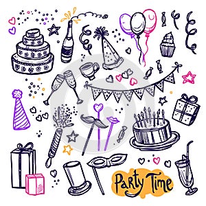 Birthday party doodle pictograms collection