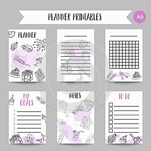 Birthday party doodle pintable cards. Vector template printables for poster, invitation, flyer, party, wedding, brochure photo