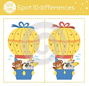 Birthday party find differences game for children. Holiday educational activity with funny animals flying in hot air balloon.