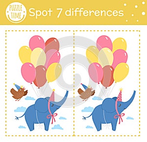 Birthday party find differences game for children. Holiday educational activity with funny elephant flying on bunch of balloons.
