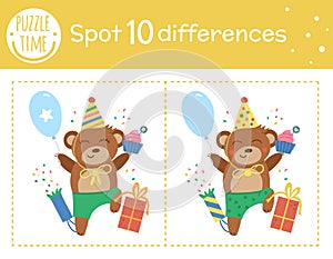 Birthday party find differences game for children. Holiday educational activity with funny jumping bear with balloon. Printable