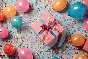 Birthday party flat lay with colorful balloons and confetti.