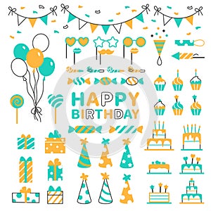 Birthday party flat line icons set.