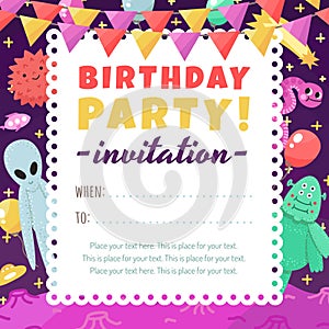 Birthday party funny and cute space invitation with cartoon aliens and monsters.