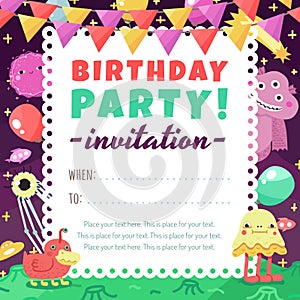 Birthday party funny space invitation with cartoon aliens and monsters.