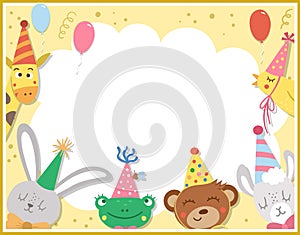 Birthday party greeting card template with cute animals. Anniversary poster or invitation for kids. Bright holiday illustration