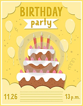Birthday party greeting card template with cute cake and candles. Anniversary poster or invitation for kids. Bright holiday