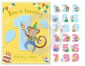 Birthday party greeting card template with cute monkey and set of numbers. Anniversary poster for kids. Bright holiday