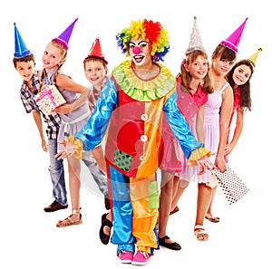 Birthday party group of teen with clown.