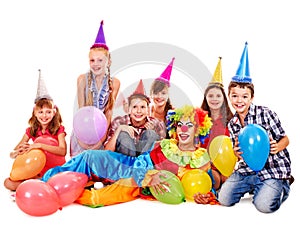 Birthday party group of teen with clown.