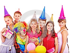 Birthday party group of teen with clown.