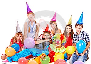 Birthday party group of teen with clown.