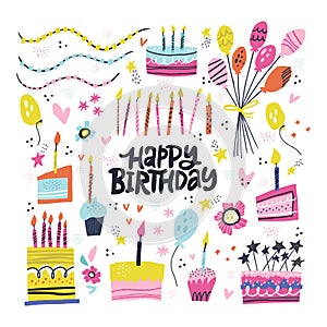 Birthday party hand drawn illustrations set