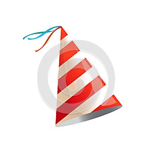 Birthday party hat with stripes. Vector isolated illustration.