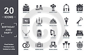 birthday.and.party icon set. include creative elements as wedding cake, newlyweds, bouquet, love music, wedding luggage, necklace