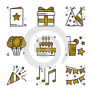 Birthday party icons set in gold. Golden birthday symbols and basic party elements on white background. Holidays, event