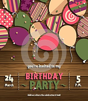 Birthday party invitation card with colorful flat balloons on wooden background. Vector.