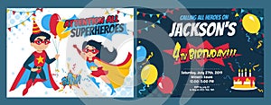 Birthday party invitation card with cute girl and boy heroes