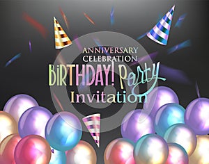 Birthday party banner with colorful paty hats, levitating confetti and air balloons photo