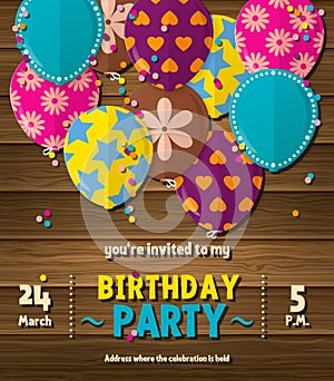 Birthday party invitation card with patterned flat balloons on wooden background. Vector.