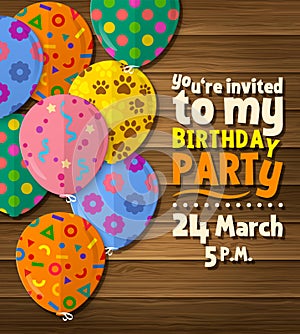 Birthday party invitation card with patterned flat balloons on wooden background. Vector.