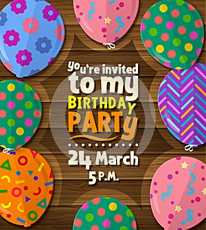 Birthday party invitation card with patterned flat balloons on wooden background. Vector.