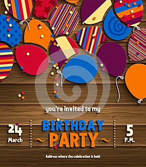 Birthday party invitation card with patterned flat balloons on wooden background. Vector.