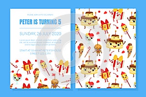 Birthday Party Invitation Card Template, Cute Childish Greeting Banner, Poster with Happy Holiday Symbols Vector