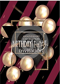 Birthday party invitation card with textured halftone effect background, air balloons.