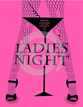 Ladies night poster with young woman`s legs in spoiled tights. photo