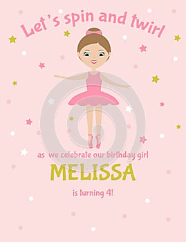 Birthday party invitation. Little girl ballerina in pink tutu dress on pink background. Cute cartoon character.