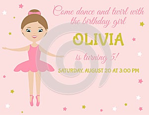 Birthday party invitation. Little girl ballerina in pink tutu dress on pink background. Cute cartoon character.