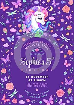 Birthday party invitation with unicorn, butterflies and flowers. Vector illustration on purple background.