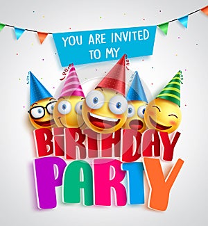 Birthday party invitation vector design with happy smileys